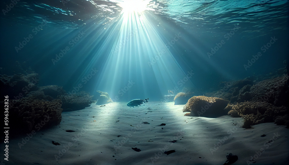 Underwater background deep blue sea and beautiful sun ray under sea. Ai