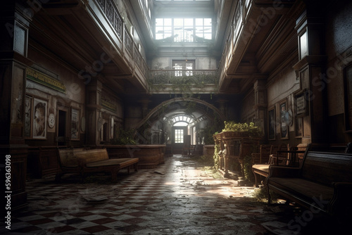 Illustration eines gruseligen Raums in einem alten Gebäude wie aus einem Horrorfilm 