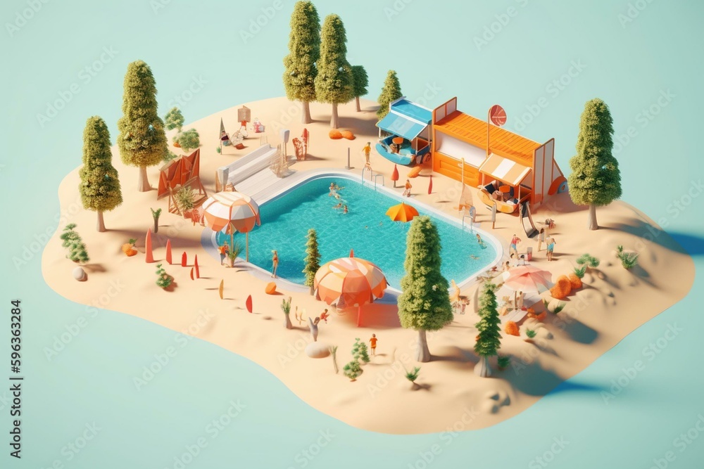 3D summer holiday scene in isometric perspective. Generative AI