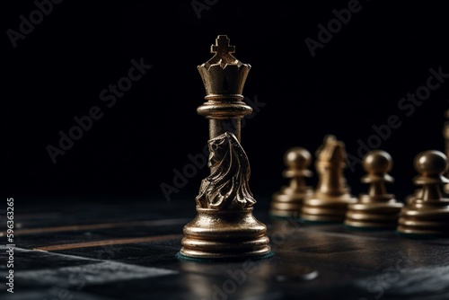 A golden chess piece sits on a gray board while other pieces surround it against a black background, representing a business concept. Generative AI