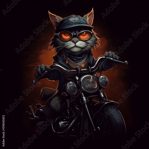 cool biker cat on a harley, cartoon style, generative ai © davello