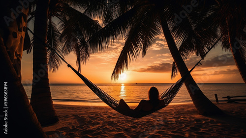 Peaceful Tropical Sunset Scene with Woman Relaxing in a Hammock - Generative AI.