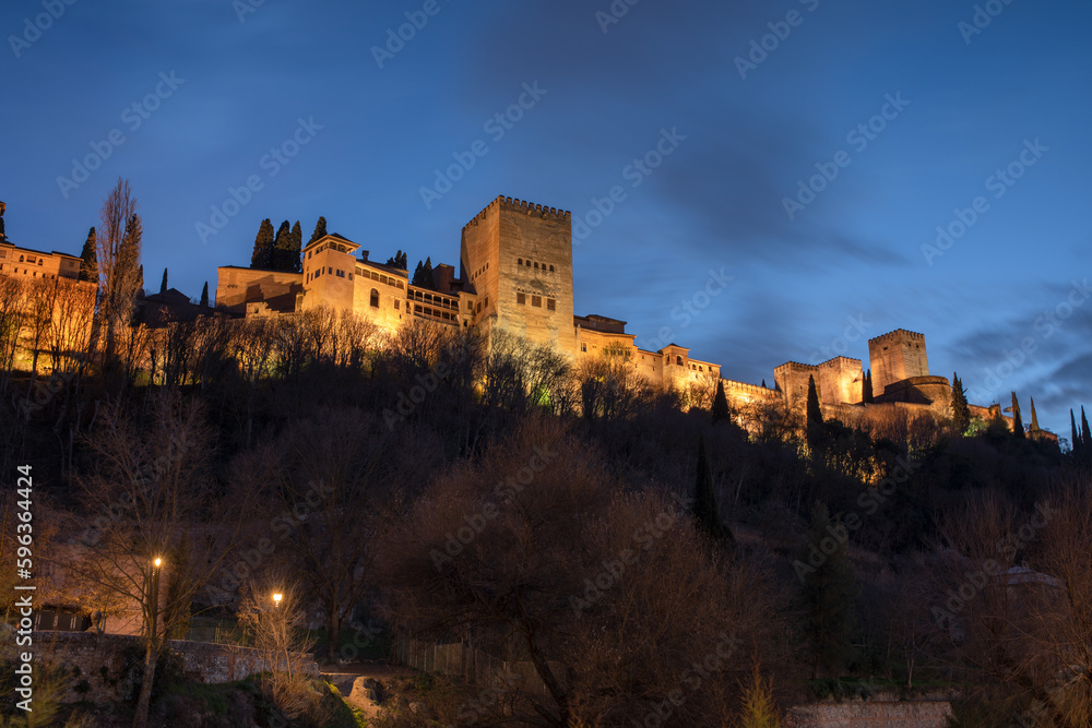 Photo at the blue hour of the Alhambra in Granada.