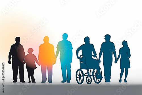 Silhouette of family with baby in wheelchair illustration.Generative AI