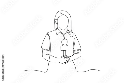 Single one line drawing young tv newscaster woman reporting tv news. News anchor concept. Continuous line draw design graphic vector illustration.