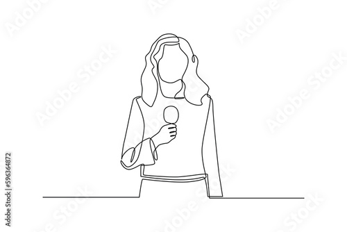 Single one line drawing young tv newscaster woman reporting tv news. News anchor concept. Continuous line draw design graphic vector illustration.
