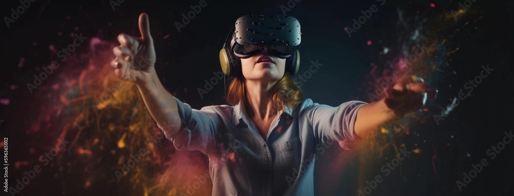 Young beautiful woman with virtual reality goggles,created with Generative AI technology. Young beautiful woman with virtual reality goggles,created with Generative AI technology.