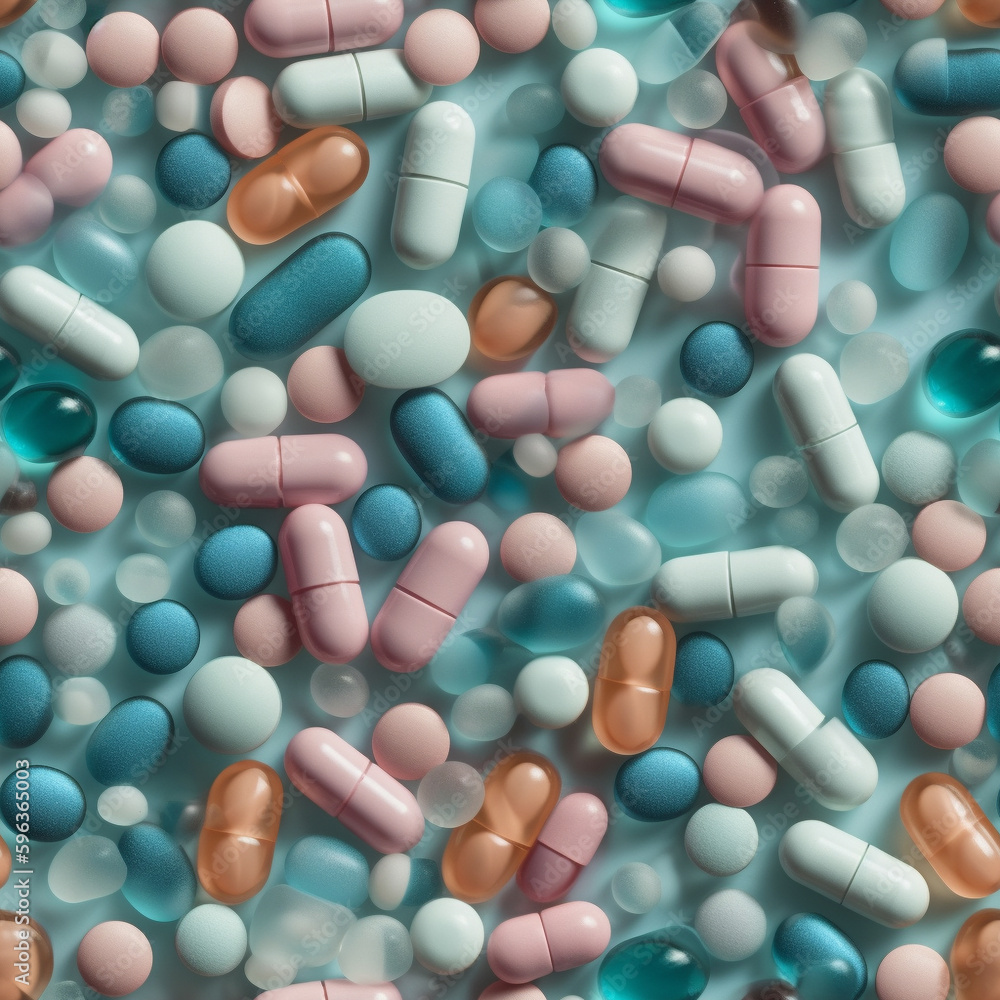 Seamless Tile Overhead Photo of A Variety of Presciption Pills and Drugs - Generative AI. Seamless Tile Overhead Photo of A Variety of Presciption Pills and Drugs - Generative AI.