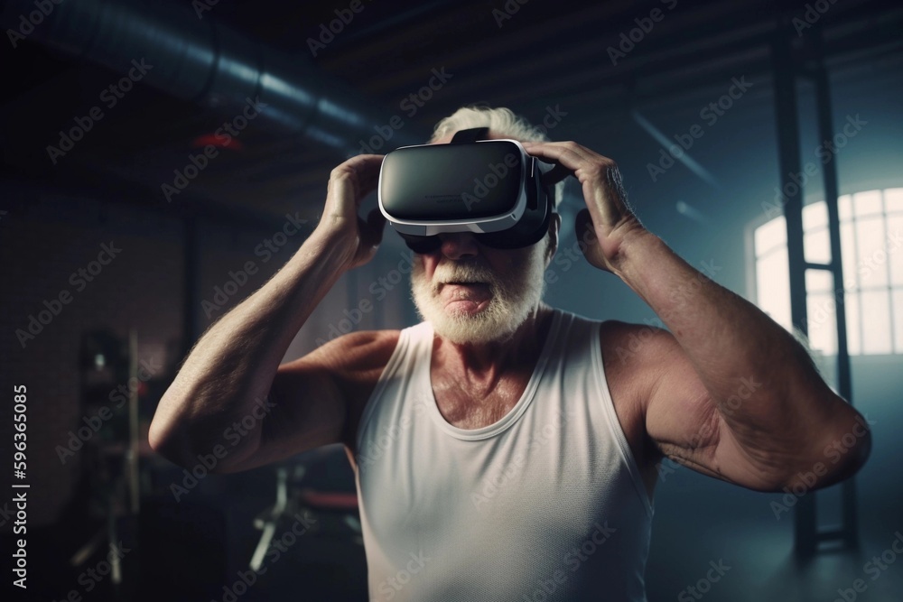 Senior man with virtual reality goggles, created with Generative AI technology. Senior man with virtual reality goggles, created with Generative AI technology.