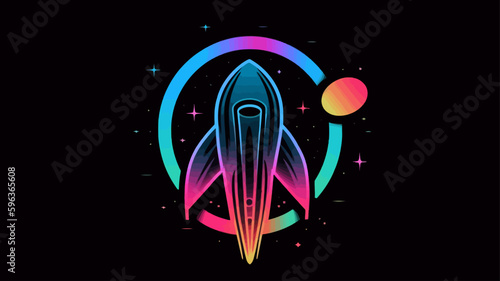 Vector colorful space alien ship on black background. Sticker logo.	
