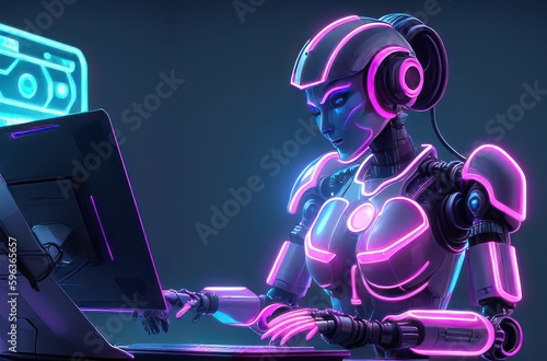 AI at Work: Futuristic Robot Woman Cyberwoman Typing in Neon-Lit Room on Computer Screen. generative ai