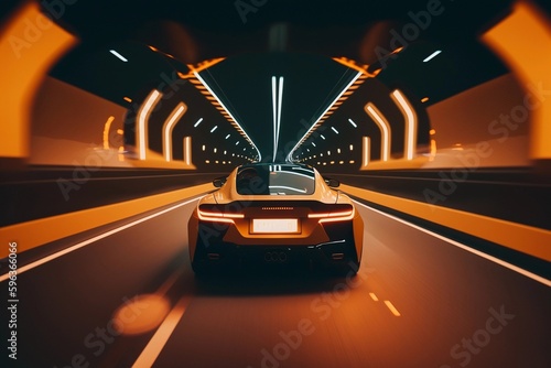 Rear view of sportive electric car in night city, created with Generative AI technology.