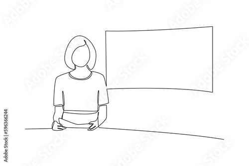 Single one line drawing young tv newscaster woman reporting tv news. News anchor concept. Continuous line draw design graphic vector illustration.