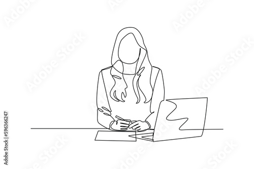 Single one line drawing young tv newscaster woman reporting tv news. News anchor concept. Continuous line draw design graphic vector illustration.