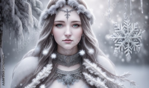 Portrait of a Beautiful Woman Among the Snowflakes and Icicles. Generative ai.