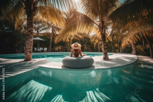 Illustriation of young woman enjoying summer in holiday resort, created with Generative AI technology.