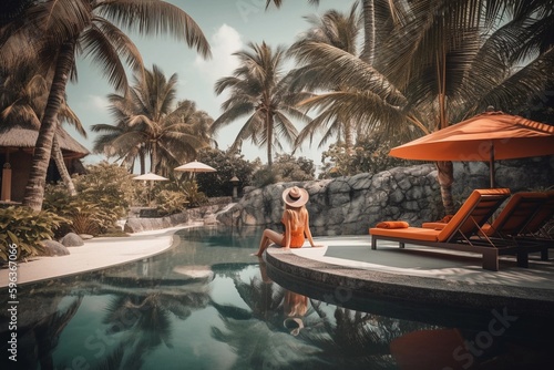 Illustriation of young woman enjoying summer in holiday resort, created with Generative AI technology.