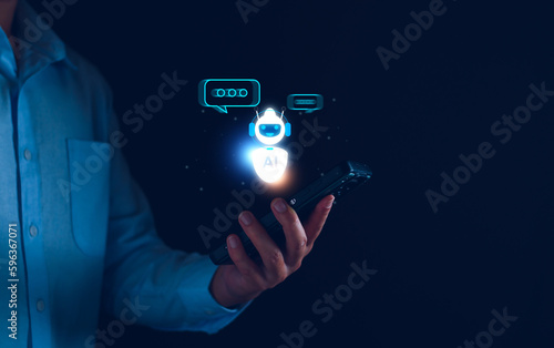 Chatbot concept. open AI, Artificial Intelligence. businessman using technology smart robot AI, enter command prompt, contact for business information analysis, Futuristic technology transformation.