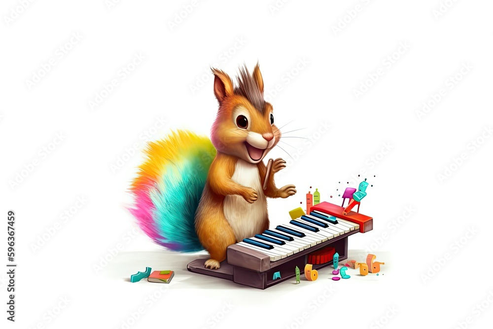 Obraz premium Squirrel playing on synthesizer isolated on white, illustration 