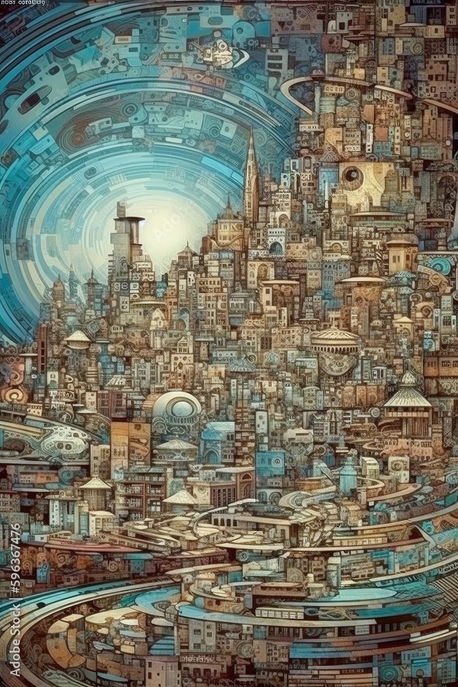 A stunning surreal & abstract mosaic cityscape of Twisted Buildings and Muted Colors using Generative AI A stunning surreal & abstract mosaic cityscape of Twisted Buildings and Muted Colors using Generative AI