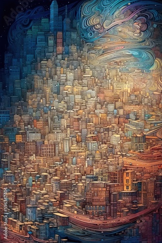 A stunning surreal & abstract mosaic cityscape of Twisted Buildings and Muted Colors using Generative AI