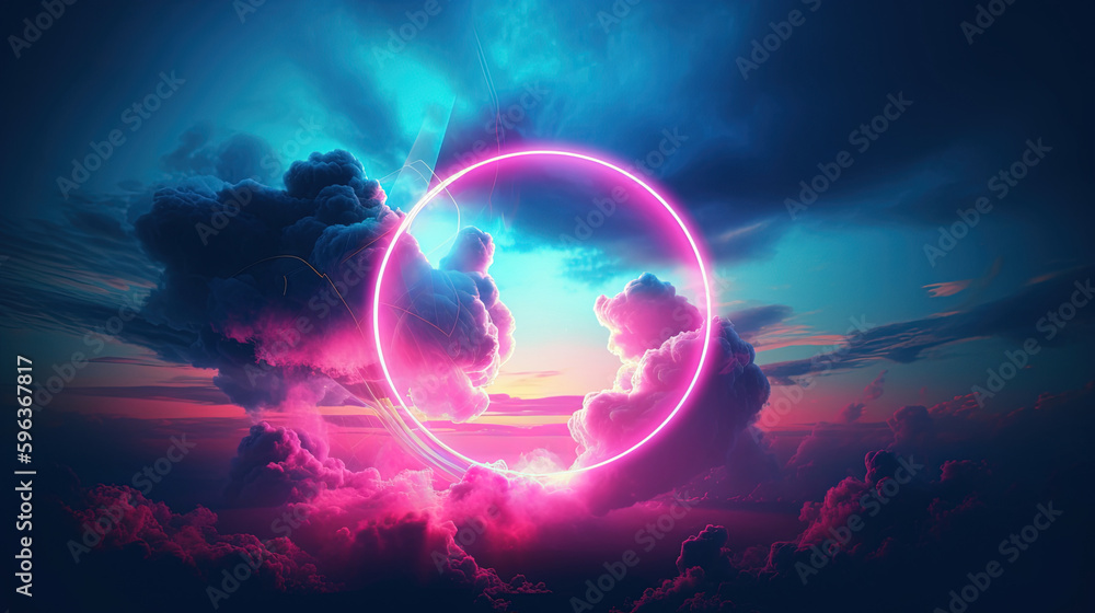 Neon Circle in Clouds.Generative Ai