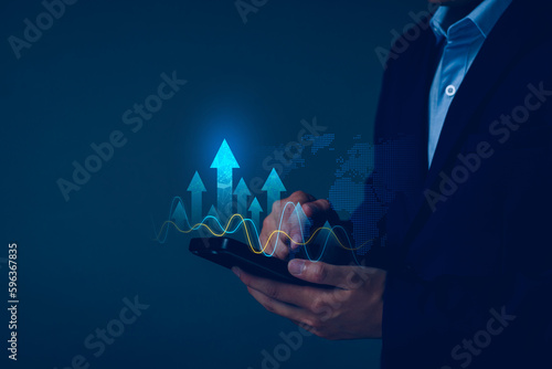 Interest rate and dividend concept. Businessman with percentage symbol and up arrow, Interest rates continue to increase, return on stocks and mutual funds, long term investment for retirement.