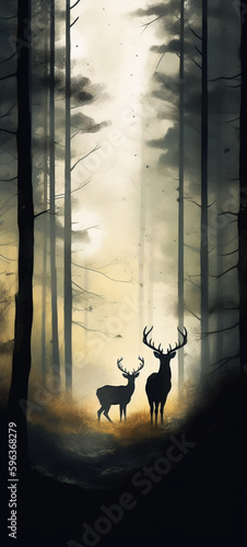 forest a coniferous forest with deer in the fore , Generative AI © Cute3DGallery