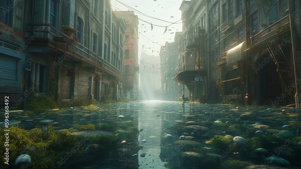 A city where the streets are submerged in water containing aquatic live surrounded by abandoned building