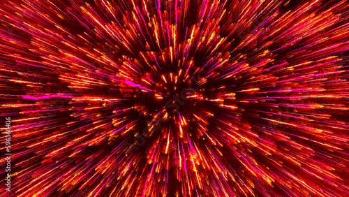 Colorful fireworks. Aerial flyight inside festive fireworks. Celestial beauty of the universe, speed of light, fireworks, red blue neon glow, stars, space. 3D render.