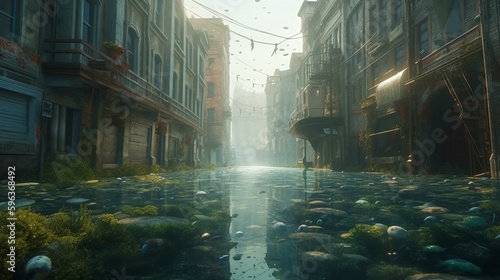 A city where the streets are submerged in water containing aquatic live surrounded by abandoned building