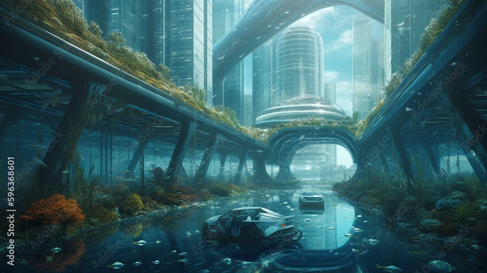 A futuristic underwater city where fish swim alongside cars Stock ...