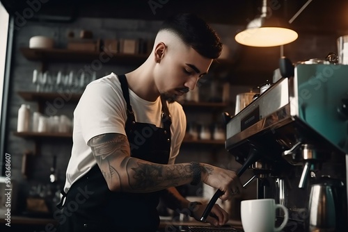 Barista coffee latte waiter cappuccino. Man preparing making coffee. Coffee shop. Generative AI.