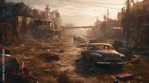 A man waltking through a post-apocalyptic wasteland with rusted cars and building
