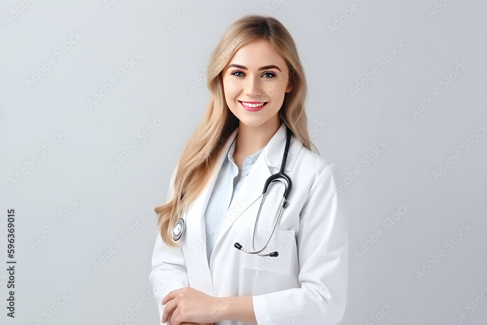 a portrait of a lady doctor with a cute smile wearing a white coat and stethoscope around her neck isolated on gray background a portrait of a lady doctor with a cute smile wearing a white coat and stethoscope around her neck isolated on gray background