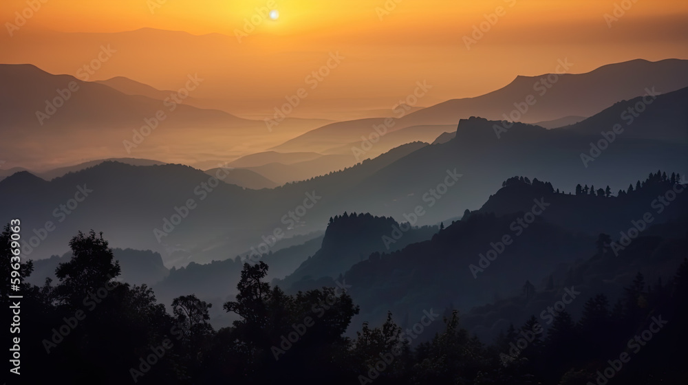 sunrise in the mountains with fog. calm mood. Generative AI