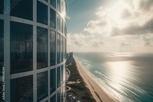 Tall building exterior overlooking ocean. Generative AI