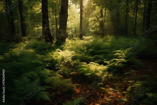 lush woodland in warm seasons. Generative AI