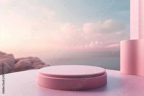 Pink podium for display or show cosmetics with background of beautiful sky. generative ai
