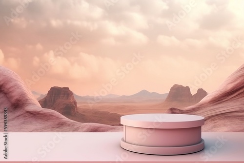 Pink podium for display or show cosmetics with background of beautiful sky and mountain. generative ai