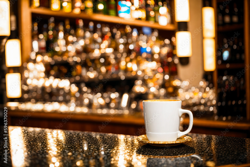 きらびやかなバーカウンターに置かれたコーヒーカップ　Coffee cup on a glittering bar counter. generative AI