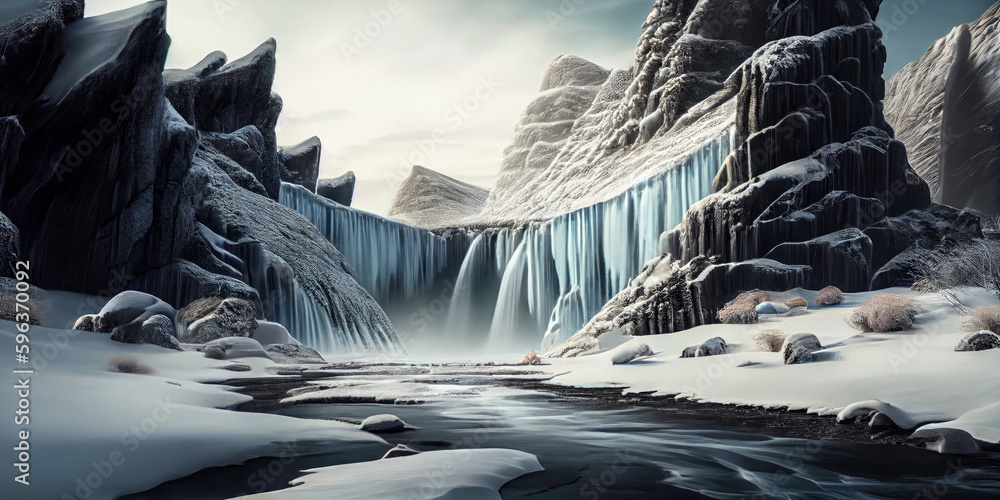 huge frozen waterfall in winter Iceland, Landscape concept, generative AI