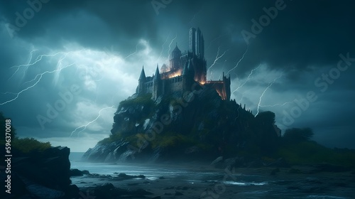 A towering castle built atop an island in a thunderstorm