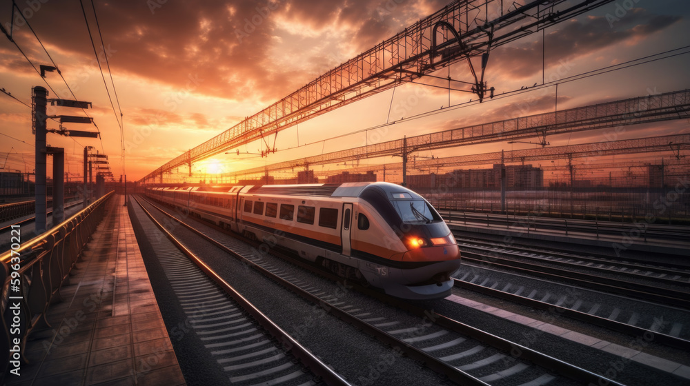 Naklejka premium an express train runs in the sunset. transportation concept. Generative AI