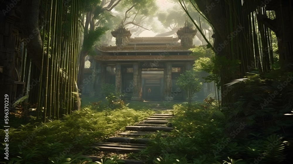 A serene bamboo forest with a hidden temple at the heart of it A serene bamboo forest with a hidden temple at the heart of it