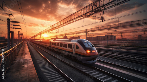 an express train runs in the sunset. transportation concept. Generative AI