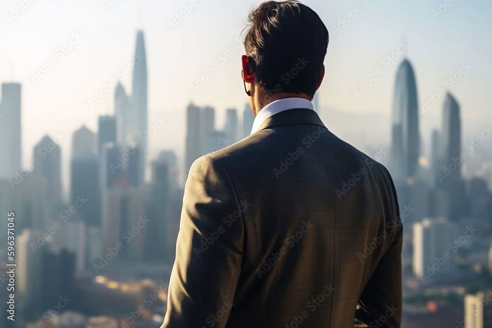 Handsome Businessman in Suit with City Skyline Background. Success and Professional Concept