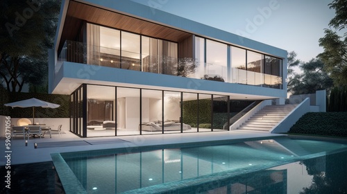 3d rendering of modern cozy house with pool and parking for sale or rent in luxurious style by the sea or ocean. Clear summer night with many stars on the sky.Generative AI © Newton