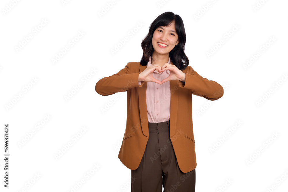 Young Asian woman showing hand heart sign isolated on white background, Spreading love and happiness concept Young Asian woman showing hand heart sign isolated on white background, Spreading love and happiness concept