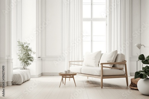 Minimalist white living room with Scandinavian armchair and sofa. Generative AI